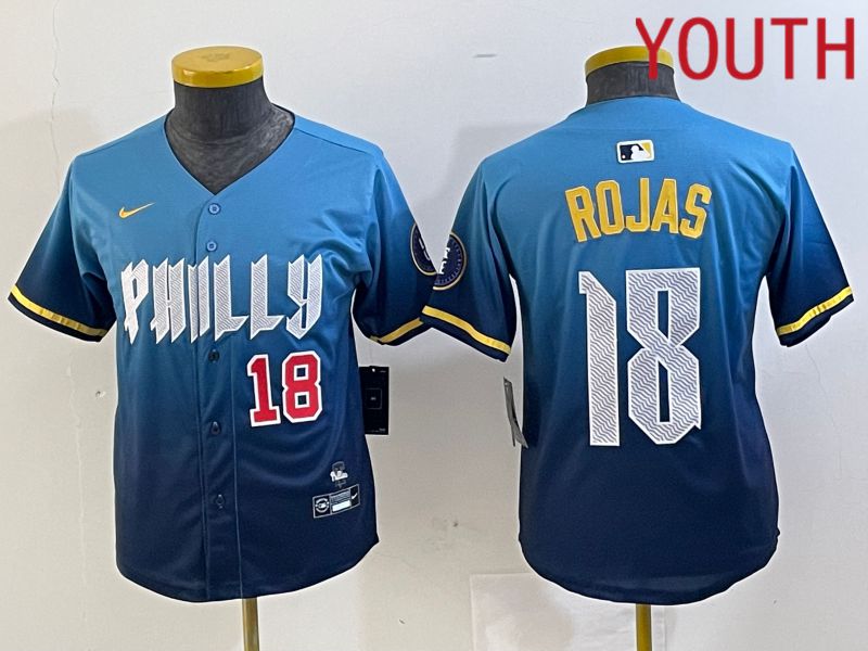 Youth Philadelphia Phillies #18 Rojas Blue City Edition Nike 2024 MLB Jersey style 3